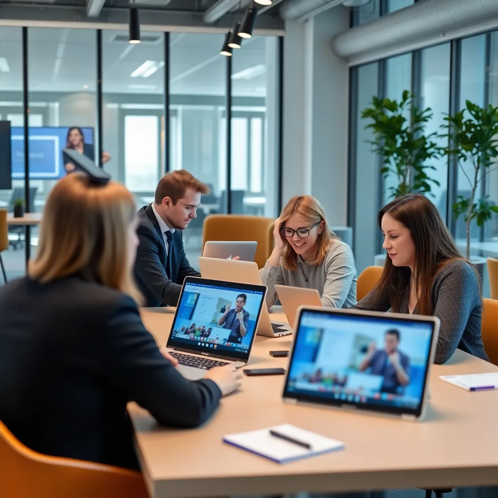 Professionals die online cursussen volgen op laptops en tablets