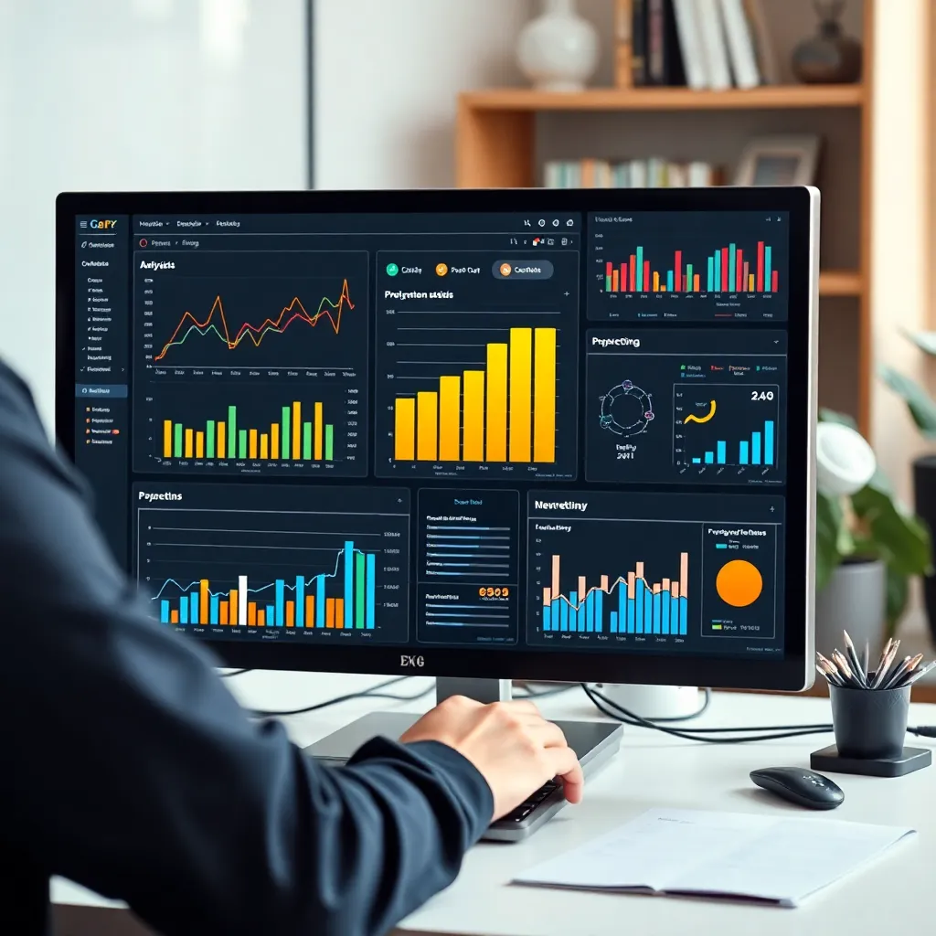 Professional die data analyseert op een computer met grafieken en dashboards