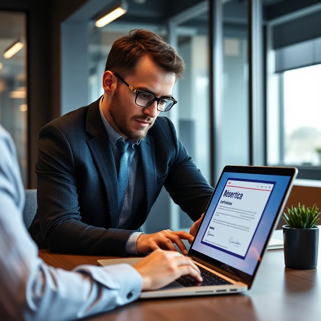 Professionele met digitaal certificaat op laptop scherm