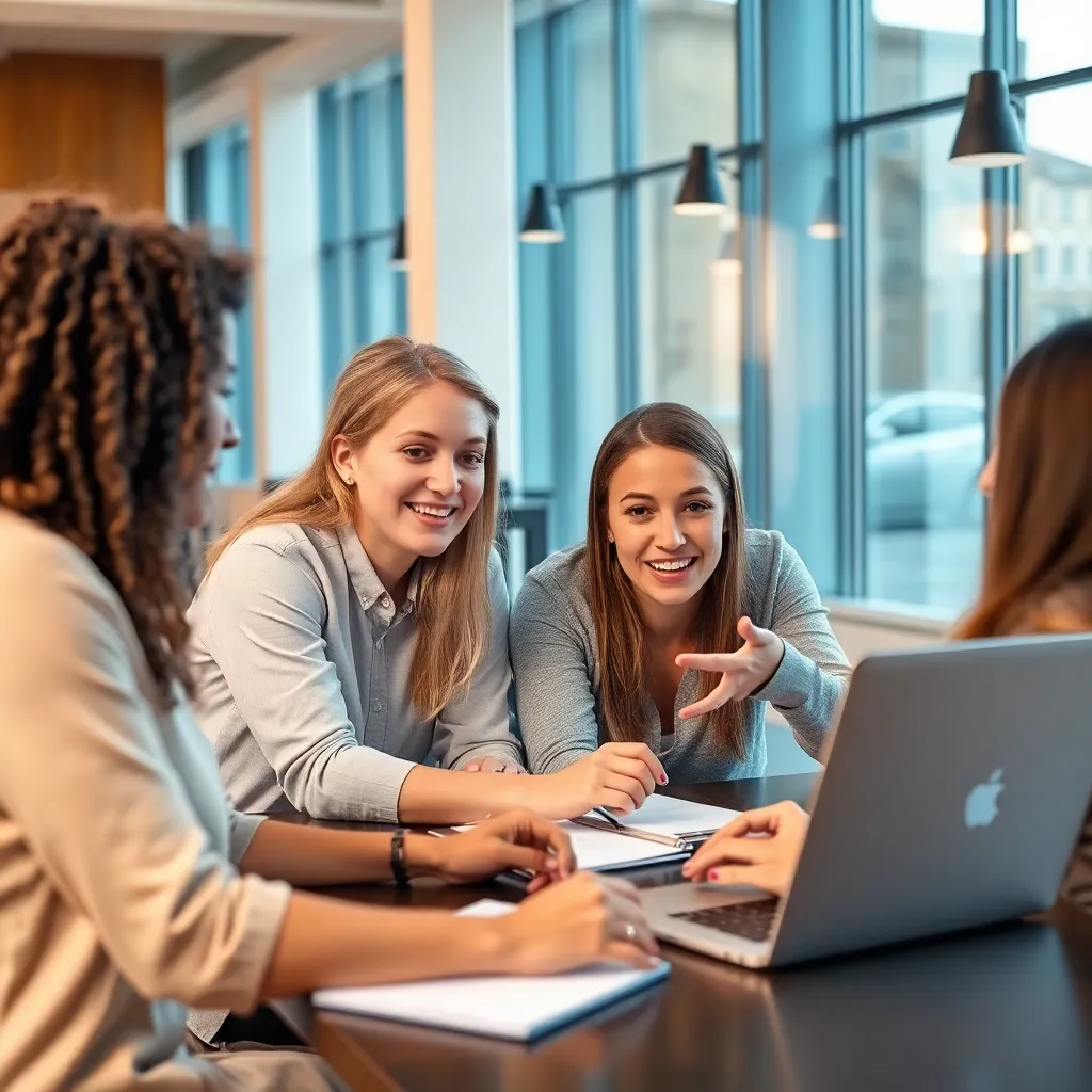 Professionals die samenwerken aan een online leertraject in een moderne werkomgeving