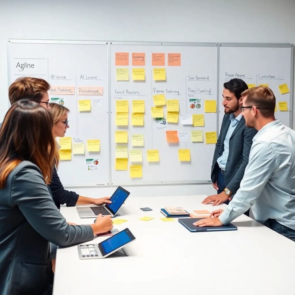 Professionals werken samen aan een Agile projectbord met post-its en taken